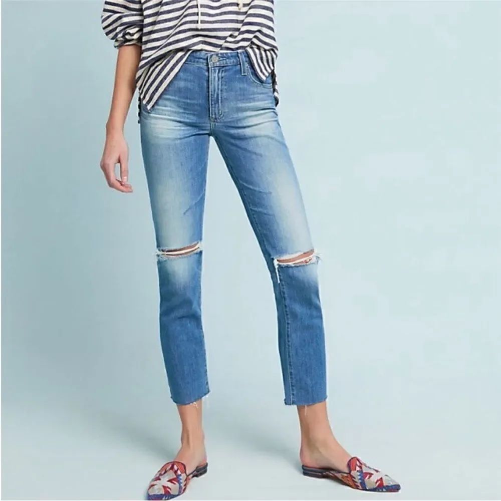 AG Isabelle High Rise Straight Crop Destroyed Raw Hem Jeans Size 26